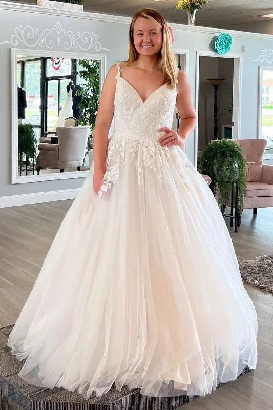 Stylish Women's Apparel Great Deals on Ethnic Cultural Wear White V-Neck Appliques A-Line Long Wedding Dress