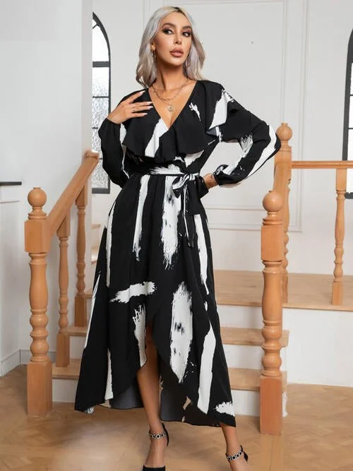 Affordable Women's Clothing Lighten Up with Nordic Styles Printed Tie Front Ruffle Trim Long Sleeve Dress