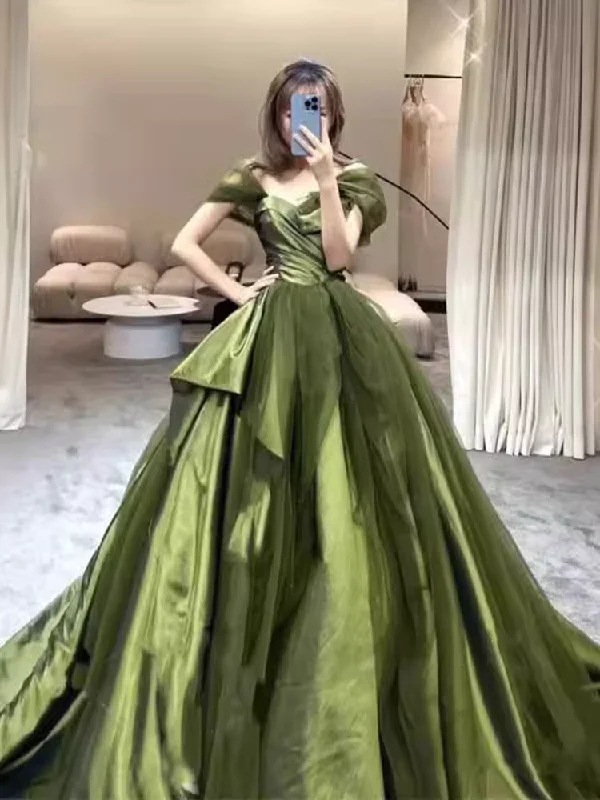 Women's Travel Garments Vintage Elegance Ball Gown Off The Shoulder Green Satin Long Prom Dresses C112