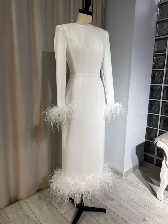 Women's Classic Outfit Seasonal Trend White Sheath Long Sleeves Prom Dress With Hem Feathers Y6879