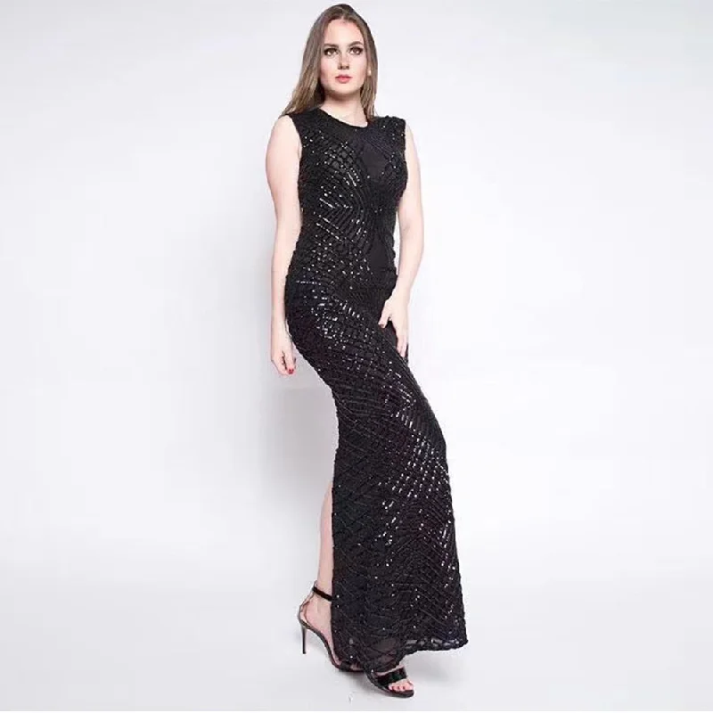 Women's Trendy Attire Mid - Week Surprise Round Neck Sleeveless Sequins Maxi Bodycon Dress HT10121