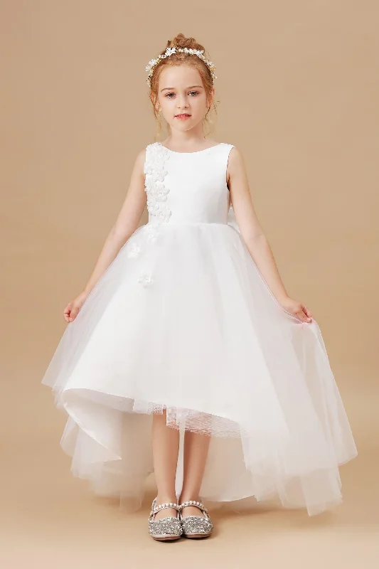 Fashionable Women's Outfit Romantic Detailing Applique Chic High Low Sleeveless Tulle Stain Flower Girl Dress With Bownet