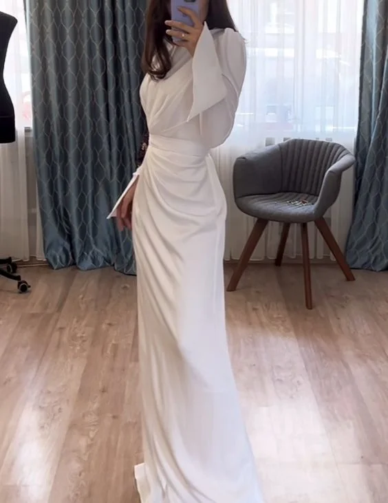 Women's Work Outfit For The Office Luxe Layering Elegant White Sheath Long Sleeves Prom Dress Y6892