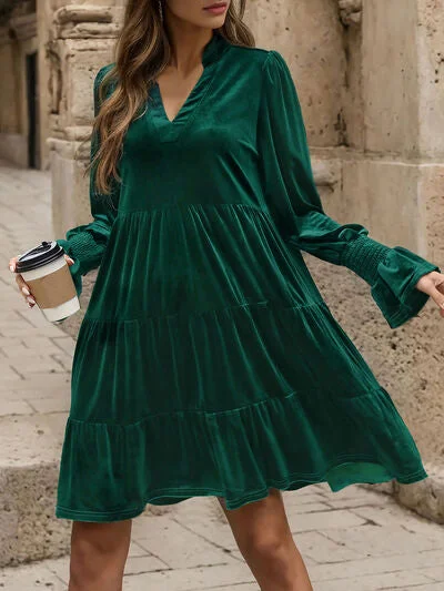 Chic Clothes For Women Y2K Nostalgic Fashion Look Notched Long Sleeve Tiered Dress