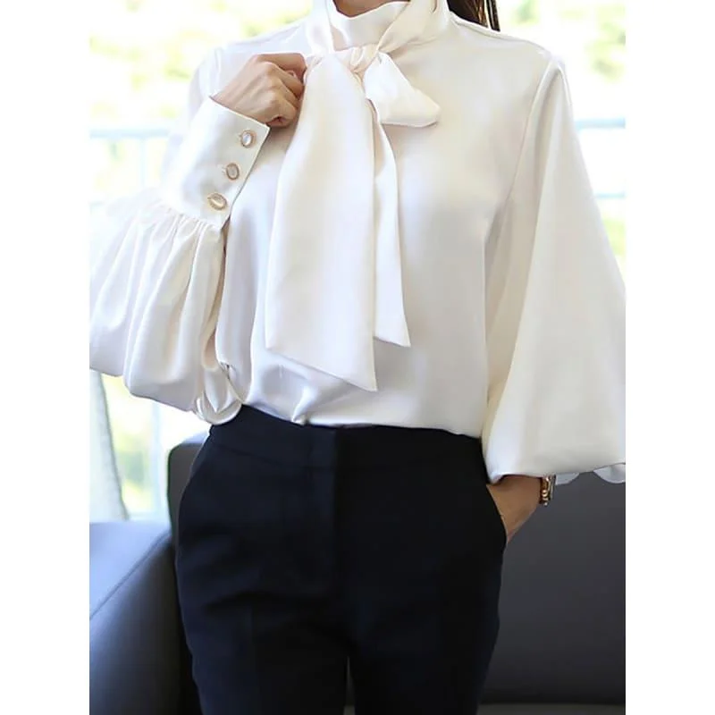 Stylish Women's Garments Great Deals on Ethnic Cultural Wear Satin Lantern Sleeve Women Lace up Blouse