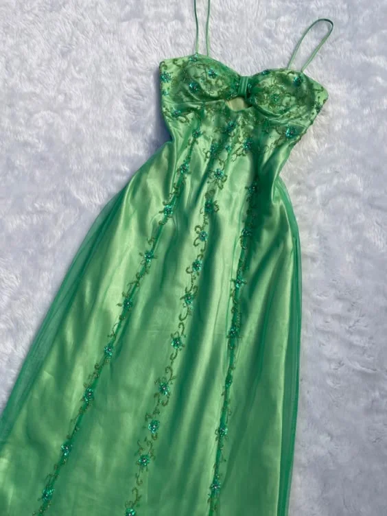 Women's Formal Clothes Limited Quantities Gorgeous A Line Spaghetti Straps Green Long Satin Prom Dresses Evening Dress C2978