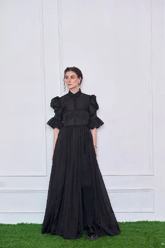 Women's Holiday Apparel Mid - Season Sale Unforgotten tales of Organza Black Maxi Shirt Dress