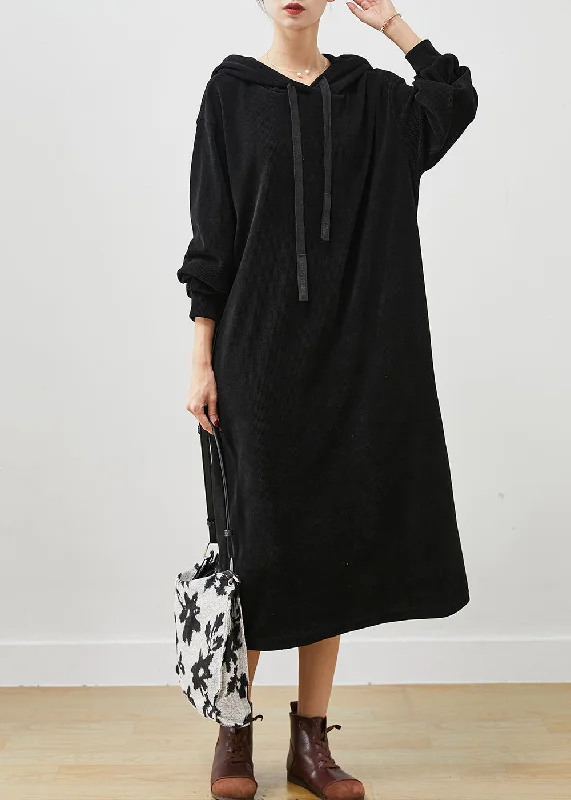 Plus-Size Women's Clothing Today Only Black Oversized Corduroy Sweatshirt Dress Hooded Spring