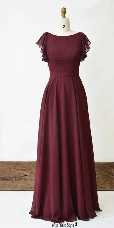 Stylish Women's Garments For Holidays Bold Patterns Modest Criss Cross Back Burgundy Bridesmaid Dress