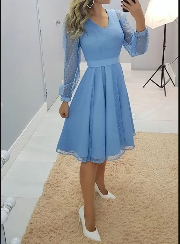 Women's Casual Garments Last Chance Sale A-line Blue Long Sleeves Party Dress,Blue Homecoming Dress  Y6045