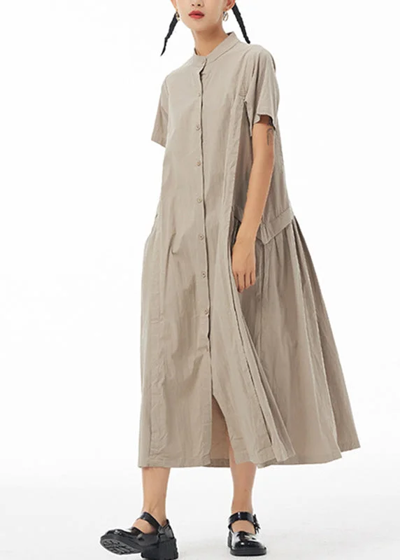 Women's Holiday Outfit Alluring Design Casual Khaki Stand Collar Button Solid Cotton Long Shirt Dress Summer