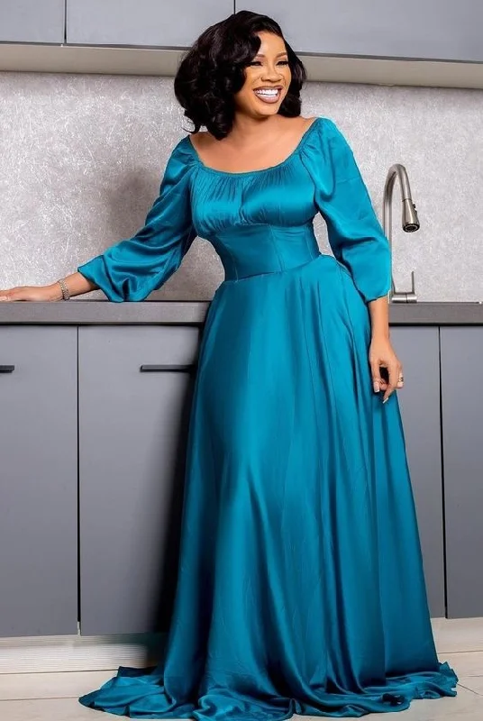 Women's Office Outfit Bold Patterns Simple Pure Color A-line Long Sleeves Evening Dress Y5809