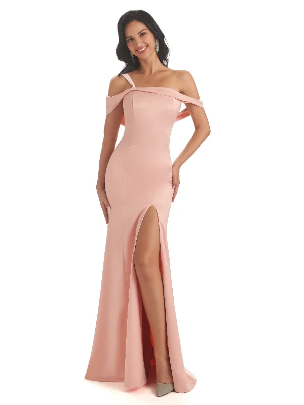 Women's Trendy Outfit Feminine Charm Off The Shoulder Soft Satin Side Slit Mermaid Long Maxi Bridesmaid Dresses