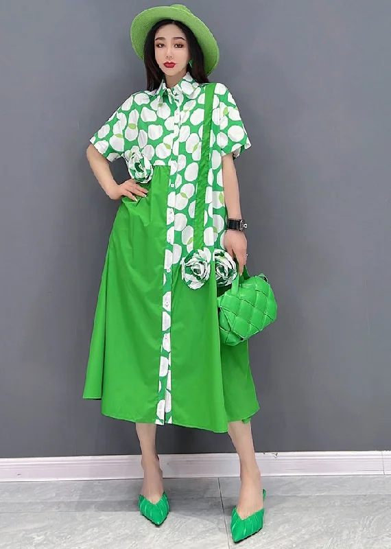 Women's Professional Garments Feminine Grace Beautiful Green Asymmetrical Design Dot Print Cotton Shirt Dresses Short Sleeve