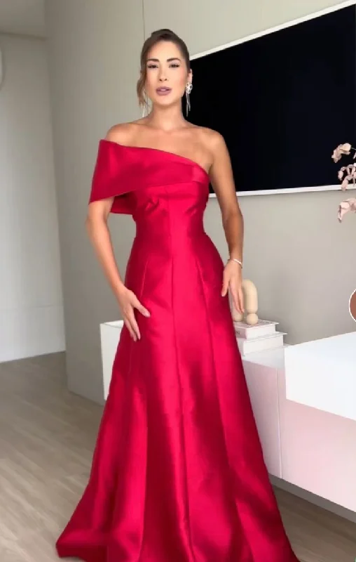 Comfortable Women's Clothes Everyday Glamour Classy A line One Shoulder Red Satin Long Prom Dresses Evening Dress C2652