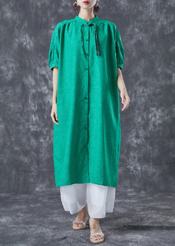 Women's Clothing For Casual Outings Big Savings on Rustic Countryside Styles Stylish Green Stand Collar Oversized Tassel Cotton Shirt Dress Summer