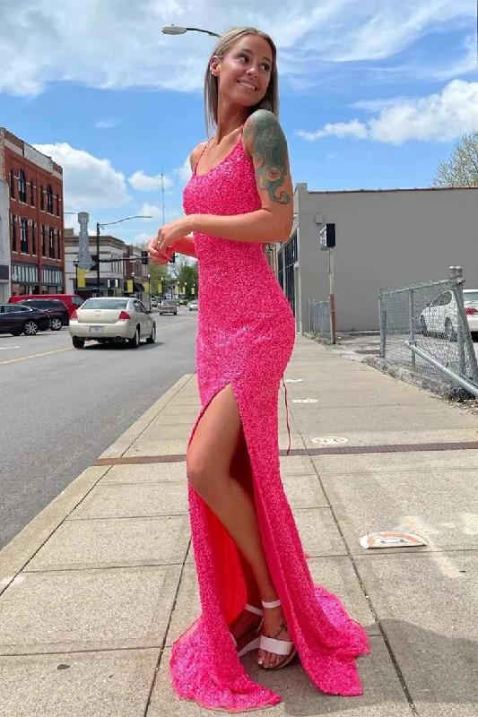 Women's Workout Garments Feminine Elegance Glitter Straps Hot Pink Sequins Prom Gown with Slit