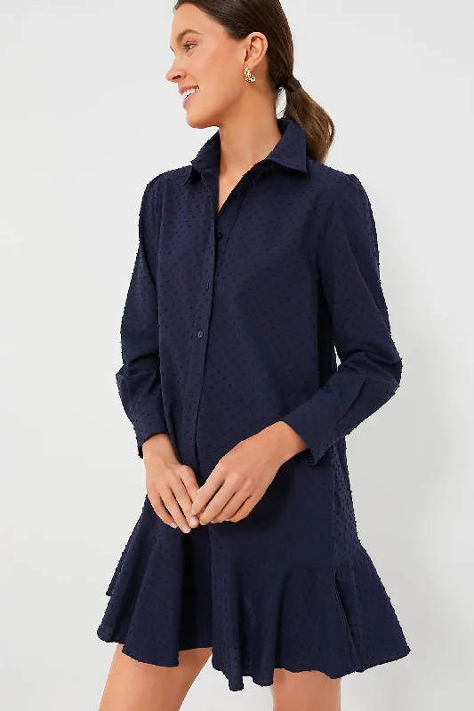 Formal Garments For Women Hollywood Glam Award - Show Style Navy Swiss Dot Callahan Shirt Dress