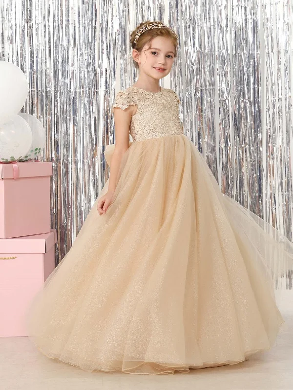 Women's Holiday Clothing Grab Romantic Date - Night Styles Now Ball-Gown Tulle Short Sleeves Scoop Neck Floor-Length Flower Girl Dresses