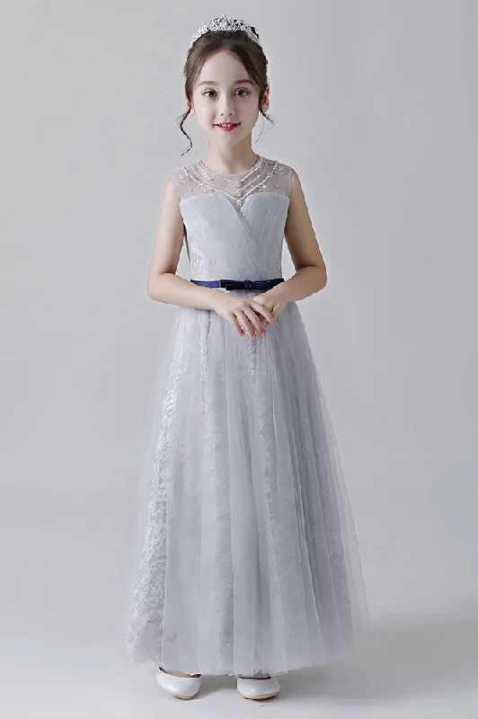 Women's Chic Outerwear Outfit Fashion-Forward Style A-Line Grey Sleeveless Tulle Flower Girl Dress With Beading