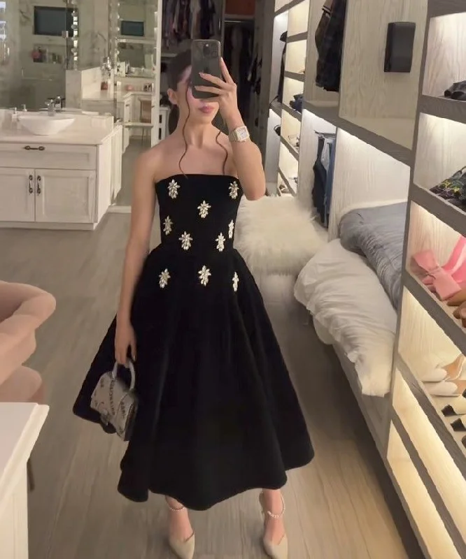 Women's Wardrobe Apparel Casual Weekend Relaxed Style Classy Ball Gown Strapless Black Satin Party Dress Prom Dresses Evening Dress C3350