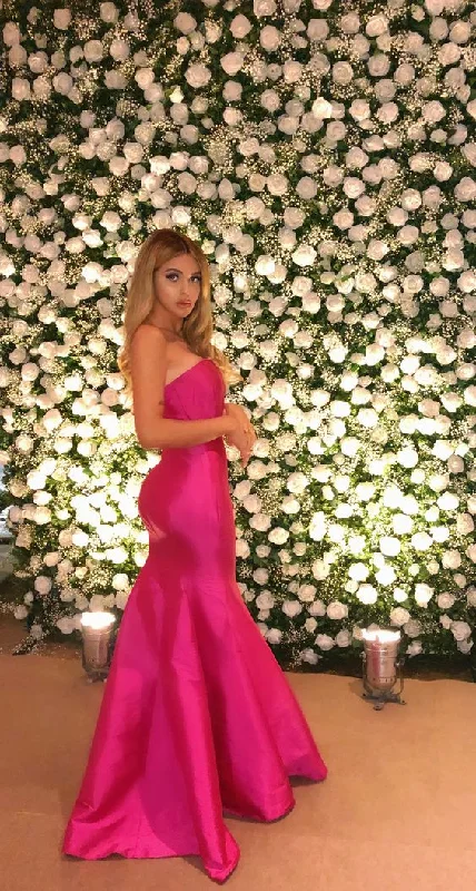 Women's Holiday Clothes Charming Silhouette Fancy Mermaid Strapless Hot Pink Satin Long Prom Dresses Ruffles Evening Dress C2636