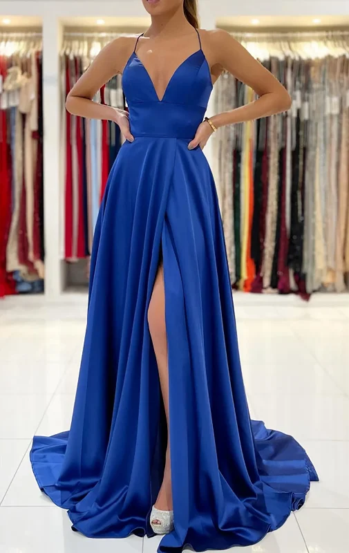 Women's High-Fashion Apparel Today Only Women Satin Slit Prom Dresses Long V-Neck Evening Gowns Formal Party Dress YPD545