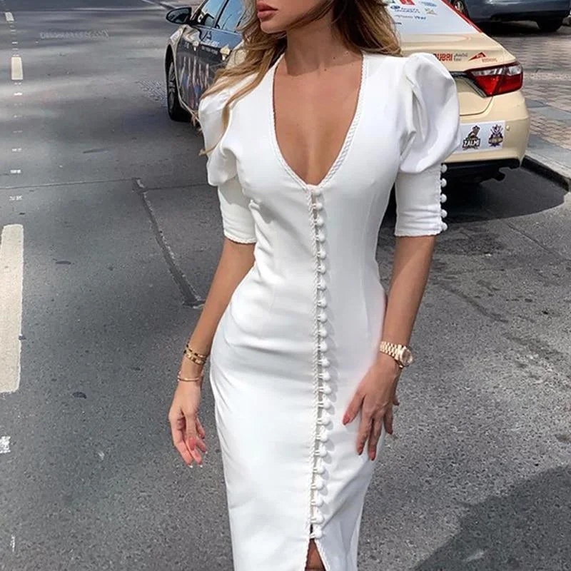 Women's Date Night Outfit Vintage Retro Party Wear FashionSierra - Single breasted bodycon dress women Puff sleeve v neck party dress Elegant ladie tight workwear white dresses midi vestidos