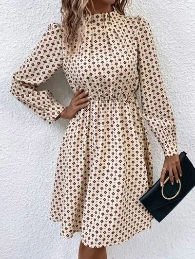 Stylish Women's Apparel Flowy Fabric Printed Ruched Mock Neck Long Sleeve Dress