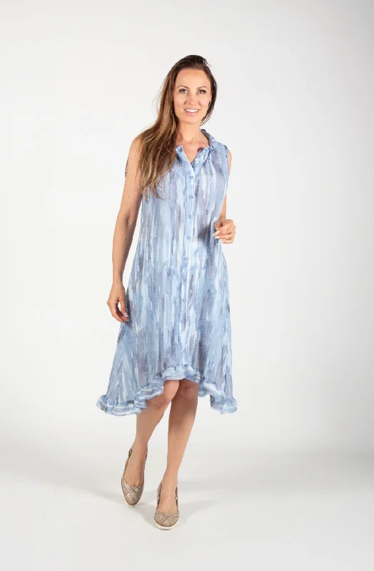 Formal Clothing For Women Feminine Soft - Hued Look Blue Sky Bamboo Sleeveless Button Down Ruffle Dress