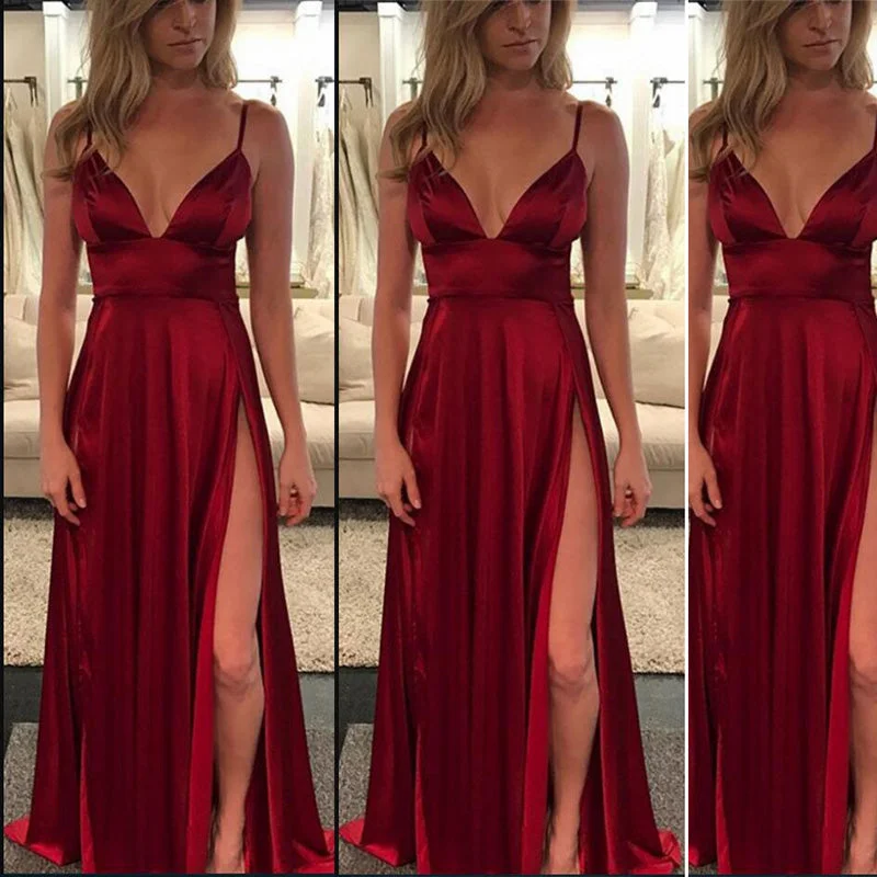 Women's Contemporary Clothing Limited - Stock Sexy Spaghetti Straps Split Prom Dress Satin Party Evening Gown Long Women Formal Dress 2018 LP8801