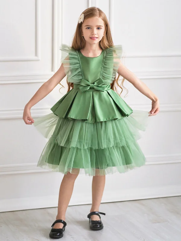 Women's High-Fashion Outfit Seasonal Trend Ball Gown Scoop Flying Sleeves Flower Girl Dresses with Bow Knot