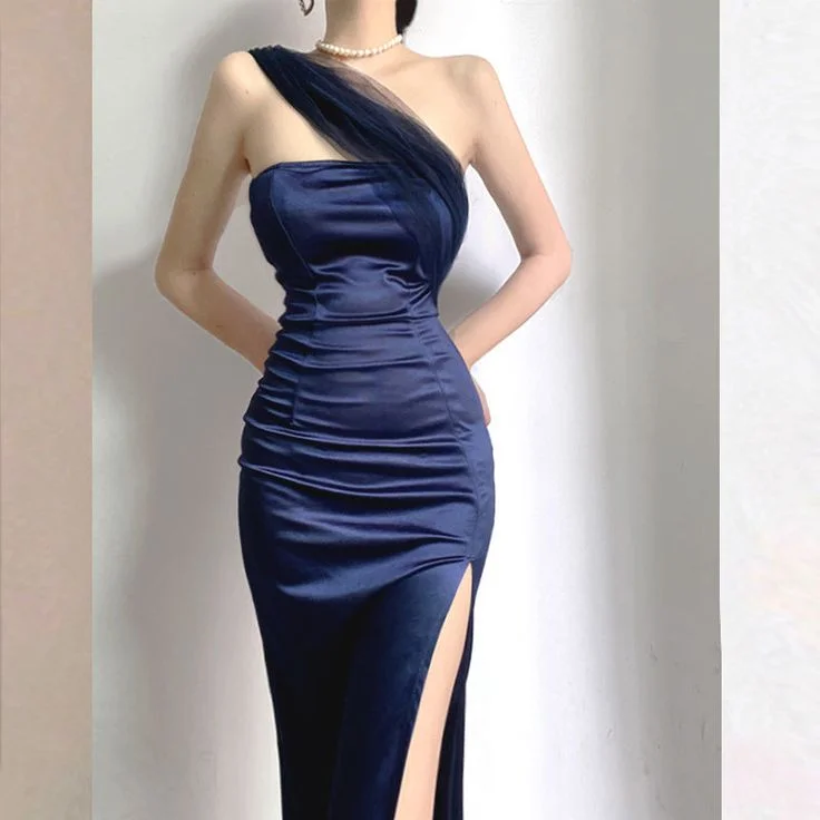 Women's Clothes And Garments Modern Romance Modest Sheath One Shoulder Sleeveless Navy Blue Slit Satin Prom Dresses Long Evening Dress C2863