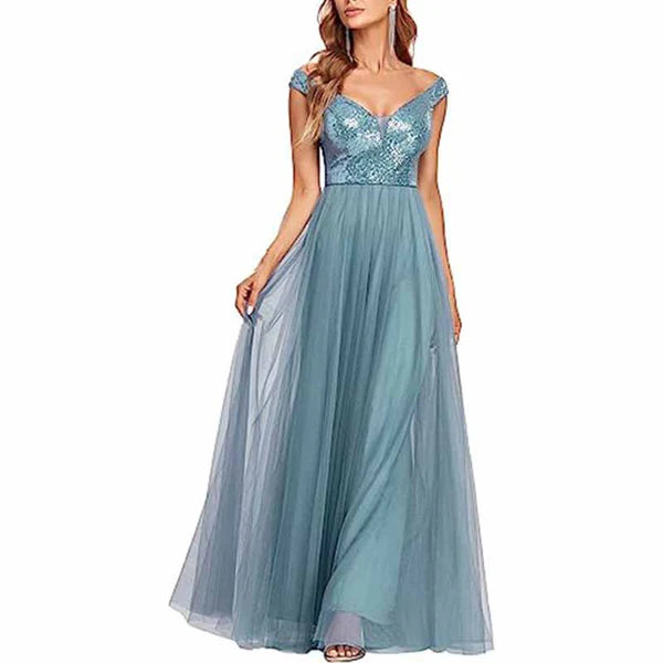 Women's Cozy Winter Attire Lighten Up with Nordic Styles Off The Shoulder Bridesmaid Dress with Sequined Top High Waisted Long Prom Dress