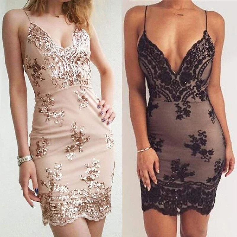 Formal Garments For Women Everyday Glamour FashionSierra - Summer Women Dress Spaghetti Strap V Neck Sequined Lace Bodycon Dresses Sleeveless Party Evening Vestidos Femme Short Mini Dress