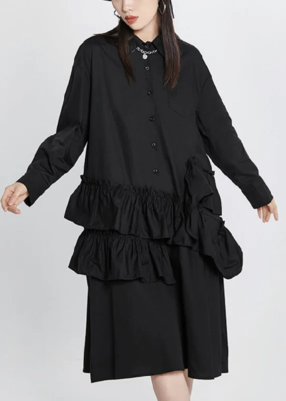 Women's Tops And Clothing Clearance Event Plus Size Black Solid Peter Pan Collar Ruffles Patchwork Shirt Dress Long Sleeve