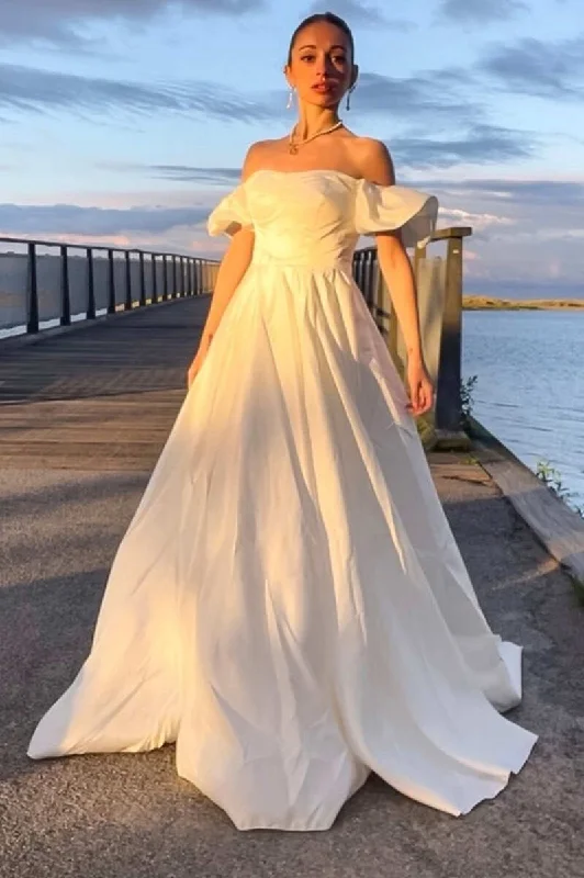 Women's Clothes For Special Occasions Chic Urban Fashion Look White Off-the-Shoulder Ruffled Sleeve A-Line Long Wedding Dress