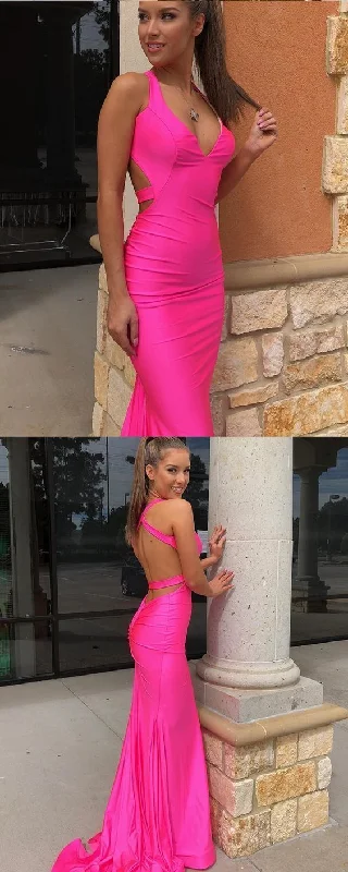 Women's Formal Apparel Ethnic Cultural Event Wear hot pink halter satin mermaid evening dress, simple long prom dress    cg13250