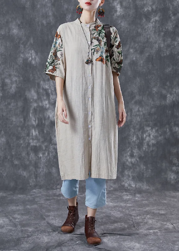 Women's Occasion Wear Clothing Dreamy Aesthetic Beige Print Linen Shirt Dress Stand Collar Oversized Summer