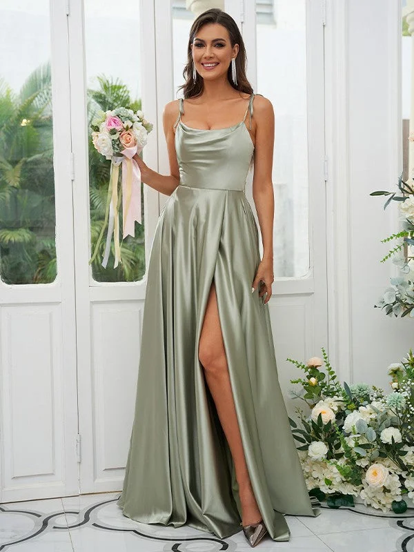 Women's Stylish Casual Garments Great Deals on Ethnic Cultural Wear A-Line/Princess Silk like Satin Ruffles Spaghetti Straps Sleeveless Sweep/Brush Train Bridesmaid Dresses