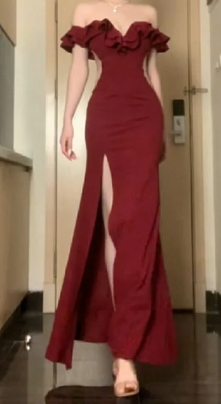 Women's Stylish Vacation Attire Update with Cottagecore Styles Elegant Sheath Off The Shoulder Burgundy Satin Slit Fold Prom Dresses Long Evening Dress C2878