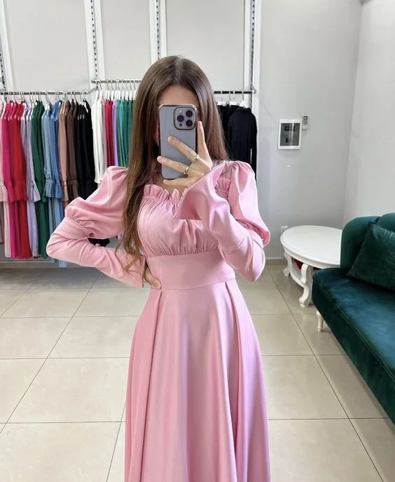 Charming Women's Outfit For Special Occasions Feminine Elegance Pink A-line Long Sleeves Prom Dress,Pink Floor Length Dress Y6880