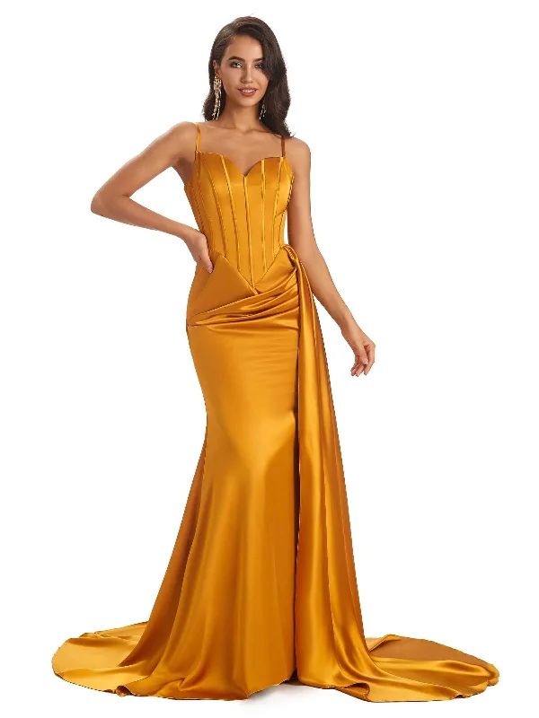 Women's Clothes For Special Occasions Graceful Drape Sexy Soft Satin Mermaid Long Spaghetti Straps Long Bridesmaid Dresses Online