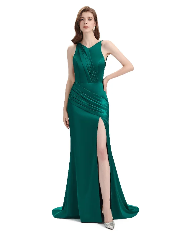 Women's Stylish Professional Garments Playful Elegance Sexy Backless Mermaid Side Slit Soft Satin Floor-Length Mermaid Bridesmaid Dresses