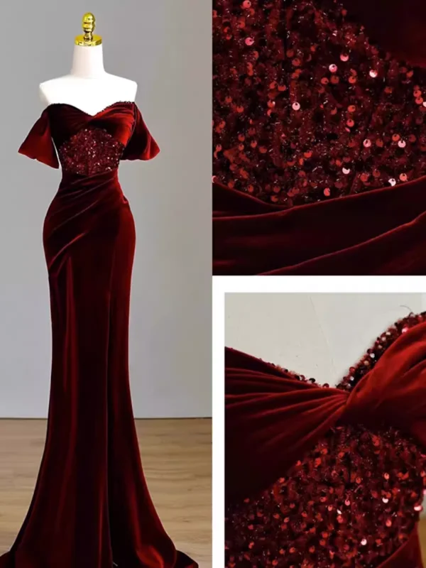 Women's Stylish Outdoor Outfit Playful Elegance Sexy Mermaid Burgundy Off The Shoulder Long Prom Dresses Satin Birthday Outfits C249