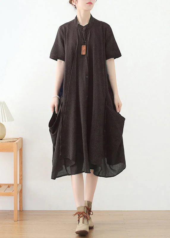 Women's Travel Garments Minimalist Office - Ready Style Chocolate Original Design Pockets Linen Shirt Dress Short Sleeve