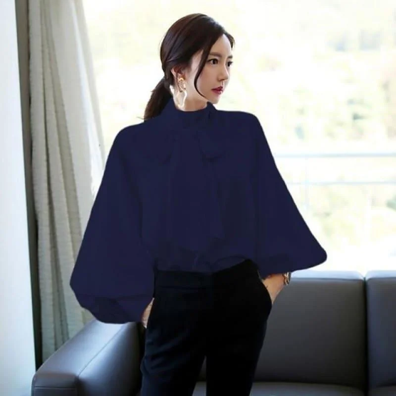 Women's Outerwear Garments Flash Sale Navy Blue Satin Lantern Sleeve Women Lace up Blouse