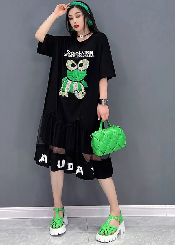 Women's Luxury Garments Classic Charm Bohemian Black Patchwork Tulle Diamonds Cotton Sweatshirt Dress Short Sleeve