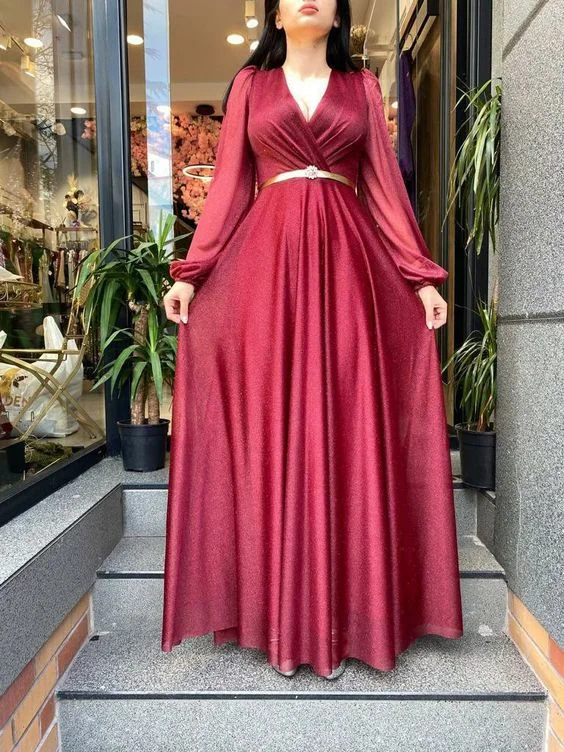 Women's Resort Garments Great Prices on Feminine Styles Elegant A-Line V Neck Long Sleeves Prom Dresses Y5785