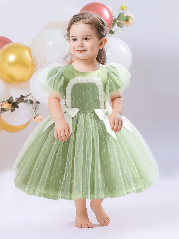 Women's Clothing Apparel Lightweight Fabric Ball Gown Scoop Puff Sleeves Ruched Flower Girl Dresses